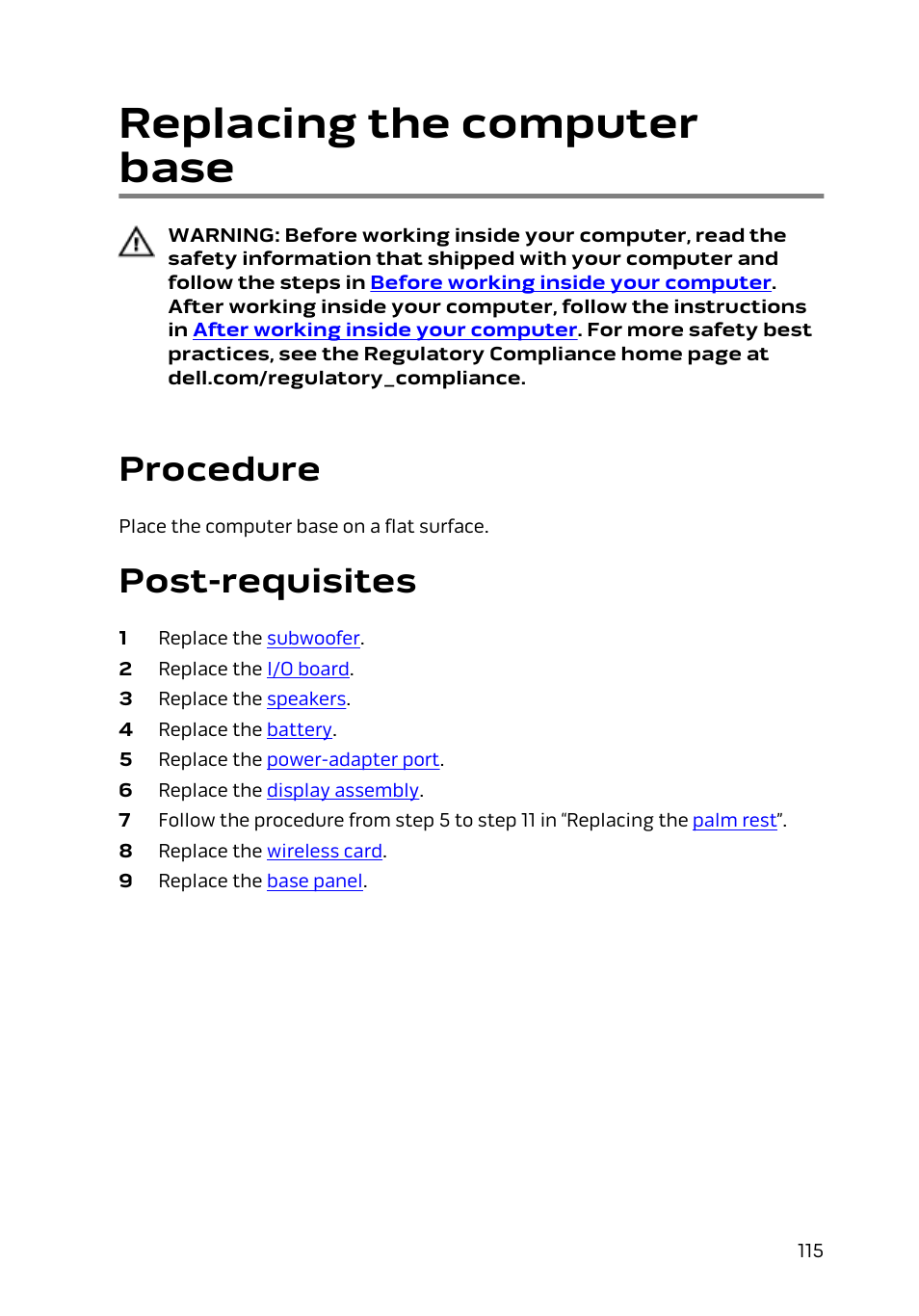 Replacing the computer base, Procedure, Post-requisites | Dell Alienware 17 R2 (Early 2015) User Manual | Page 115 / 144