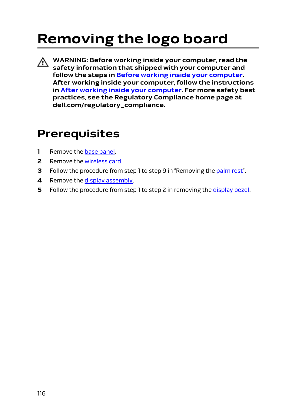 Removing the logo board, Prerequisites | Dell Alienware 17 R2 (Early 2015) User Manual | Page 116 / 144