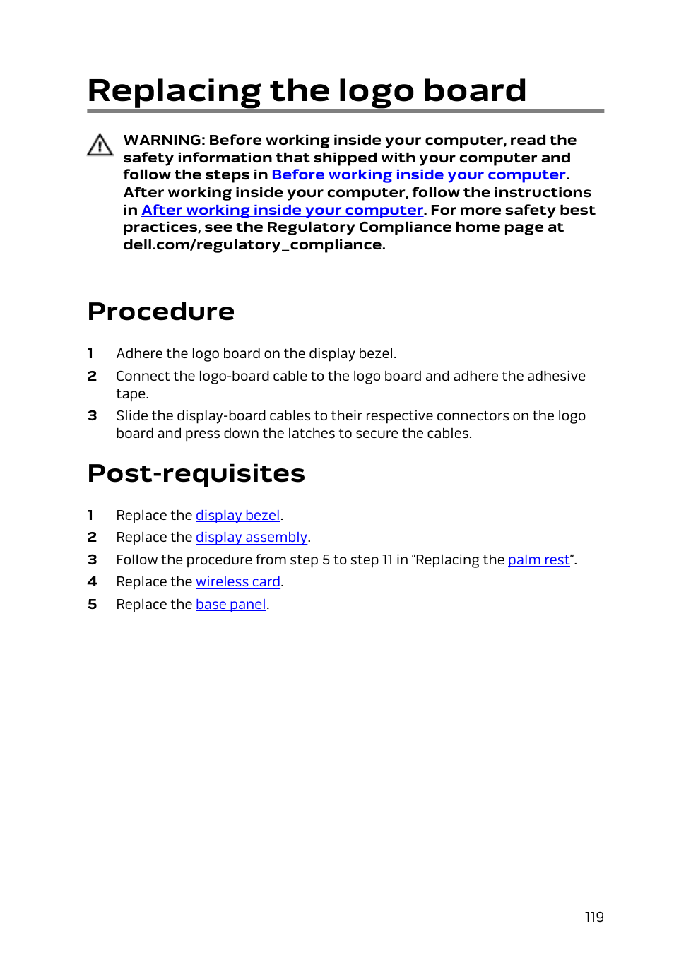 Replacing the logo board, Procedure, Post-requisites | Dell Alienware 17 R2 (Early 2015) User Manual | Page 119 / 144