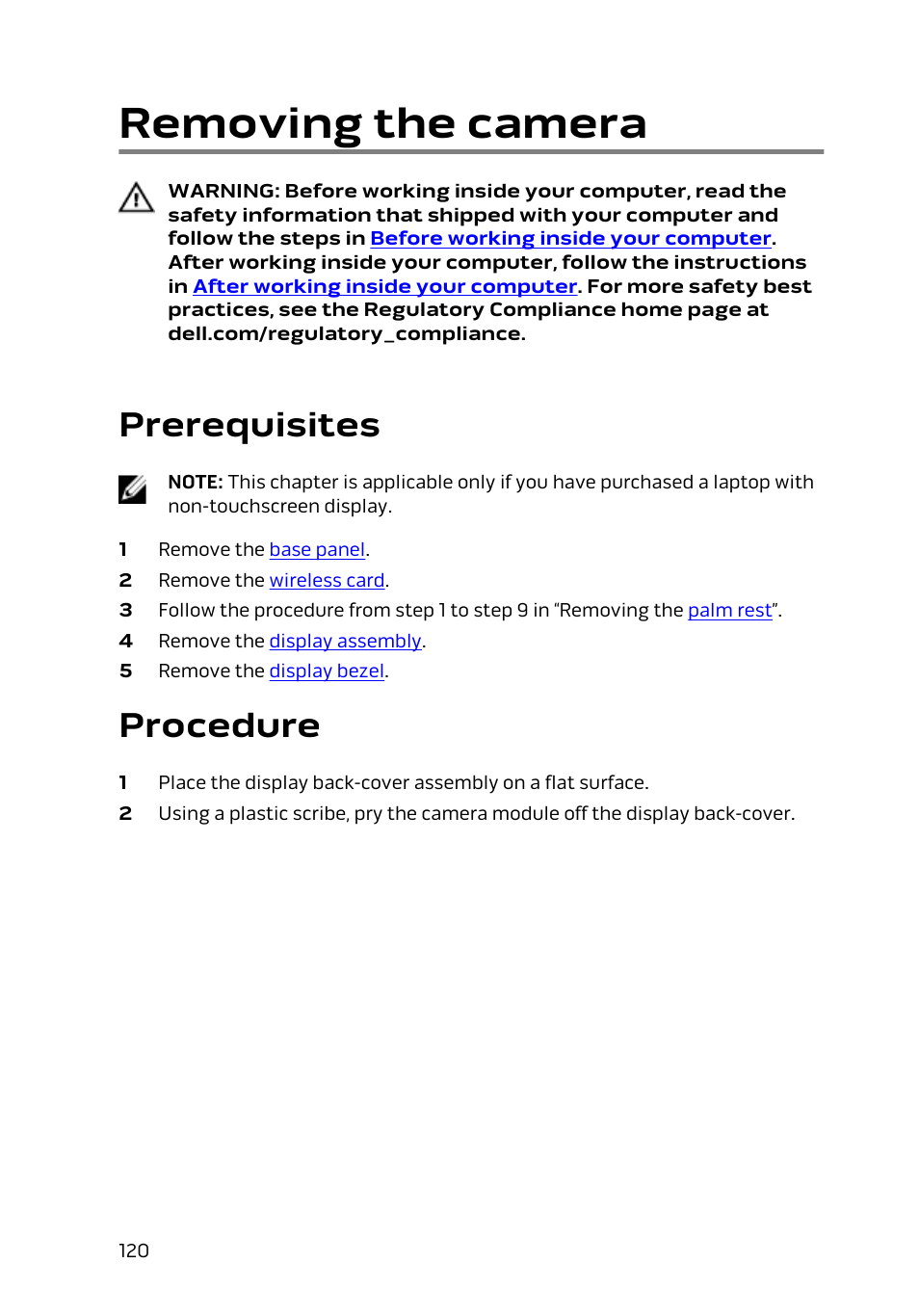 Removing the camera, Prerequisites, Procedure | Dell Alienware 17 R2 (Early 2015) User Manual | Page 120 / 144