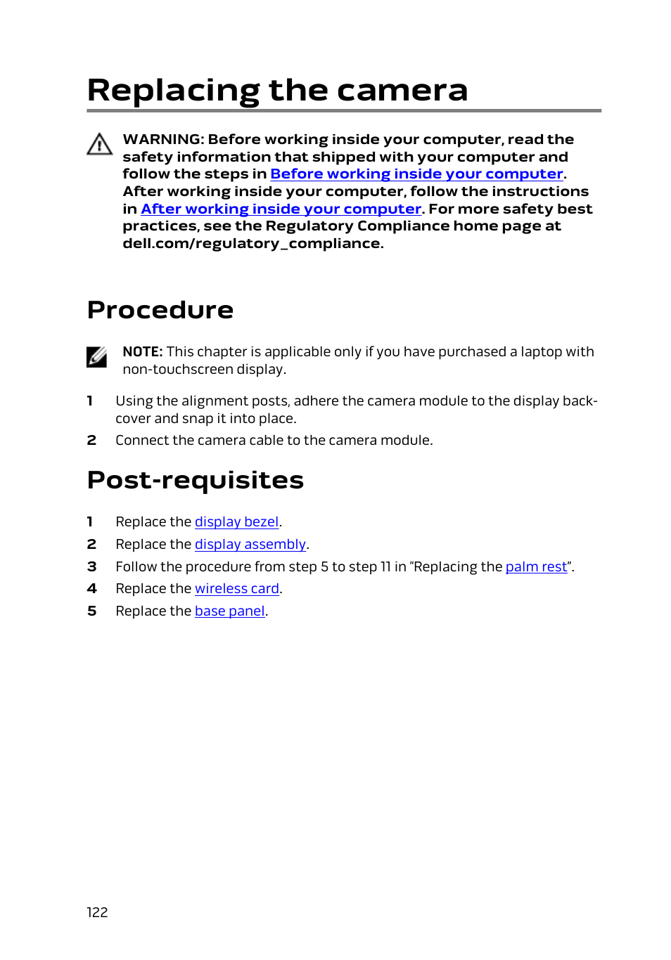 Replacing the camera, Procedure, Post-requisites | Dell Alienware 17 R2 (Early 2015) User Manual | Page 122 / 144