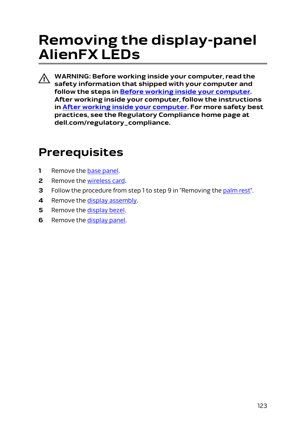Removing the display-panel alienfx leds, Prerequisites | Dell Alienware 17 R2 (Early 2015) User Manual | Page 123 / 144