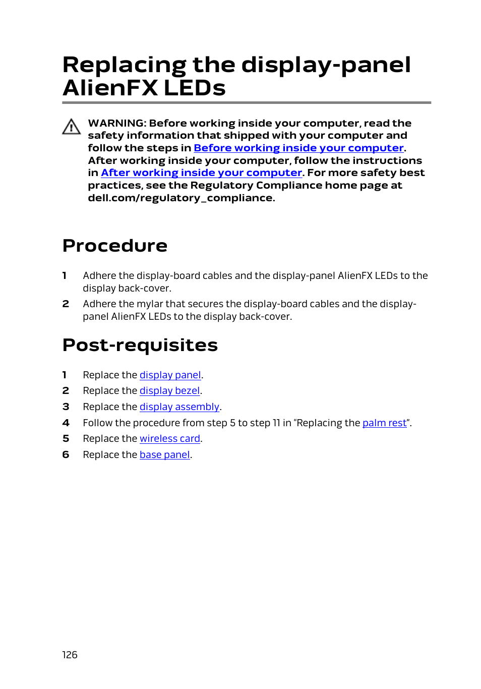 Replacing the display-panel alienfx leds, Procedure, Post-requisites | Dell Alienware 17 R2 (Early 2015) User Manual | Page 126 / 144