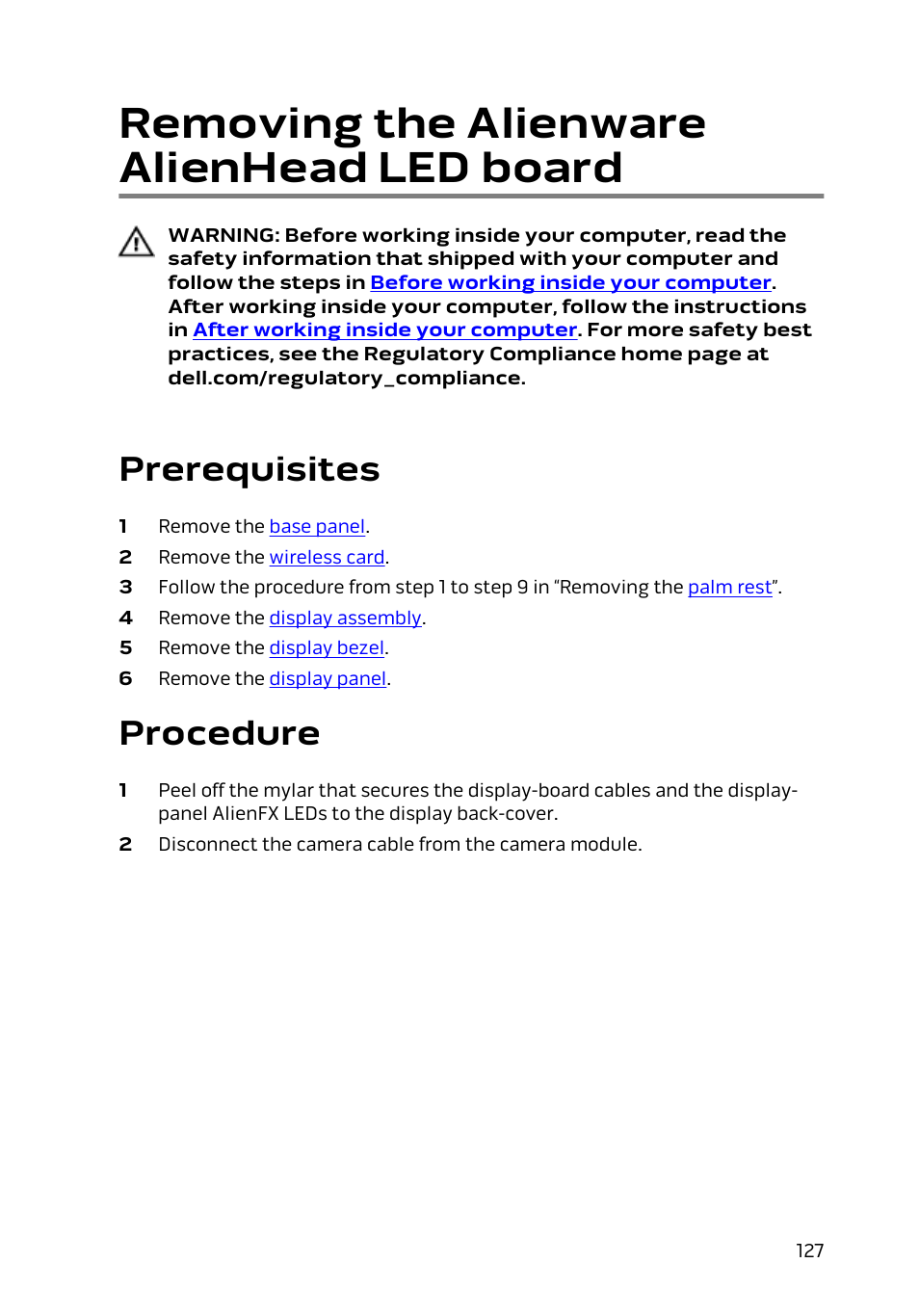 Removing the alienware alienhead led board, Prerequisites, Procedure | Dell Alienware 17 R2 (Early 2015) User Manual | Page 127 / 144