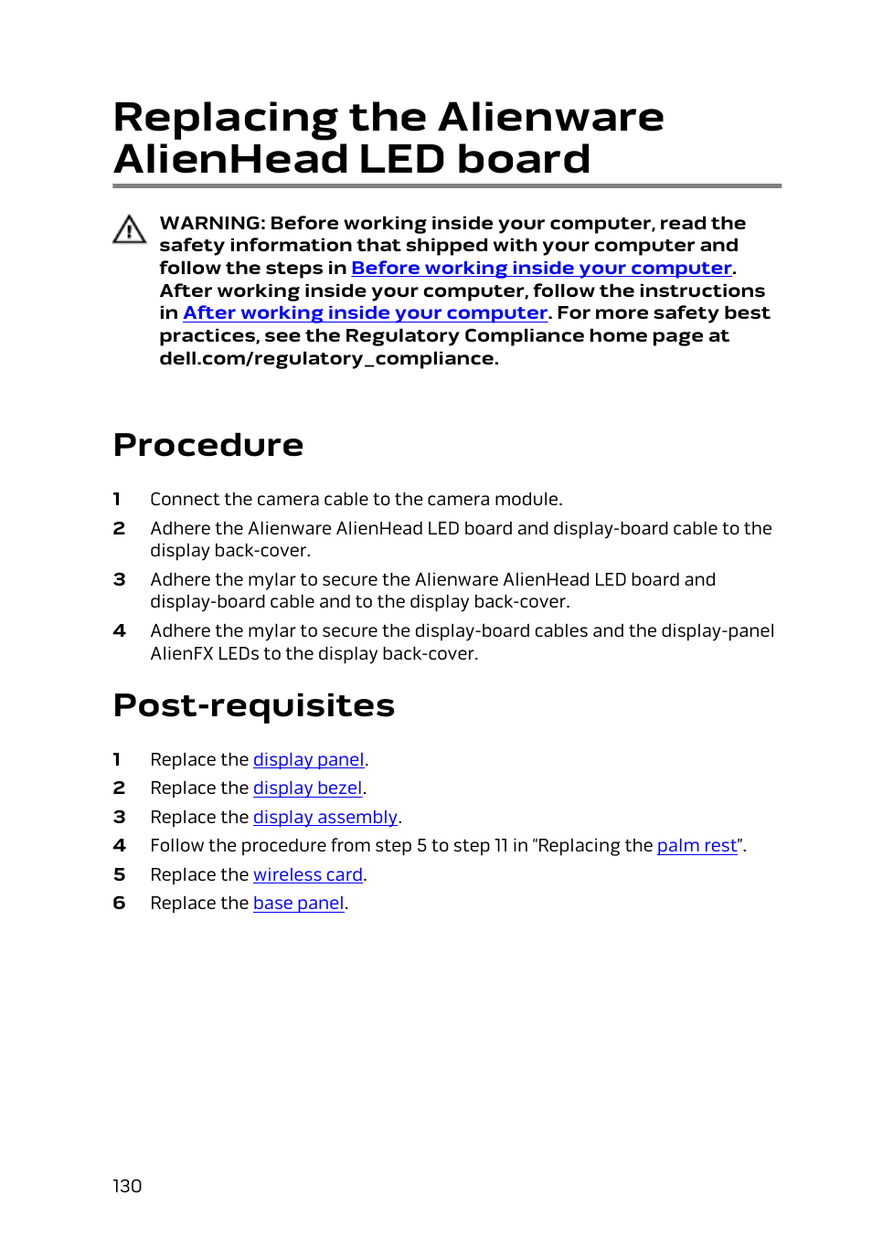 Replacing the alienware alienhead led board, Procedure, Post-requisites | Dell Alienware 17 R2 (Early 2015) User Manual | Page 130 / 144