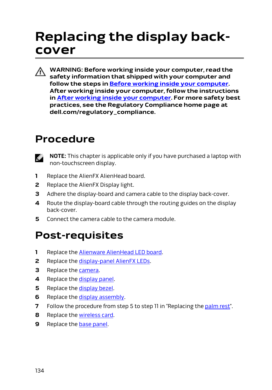 Replacing the display back-cover, Procedure, Post-requisites | Replacing the display back- cover | Dell Alienware 17 R2 (Early 2015) User Manual | Page 134 / 144