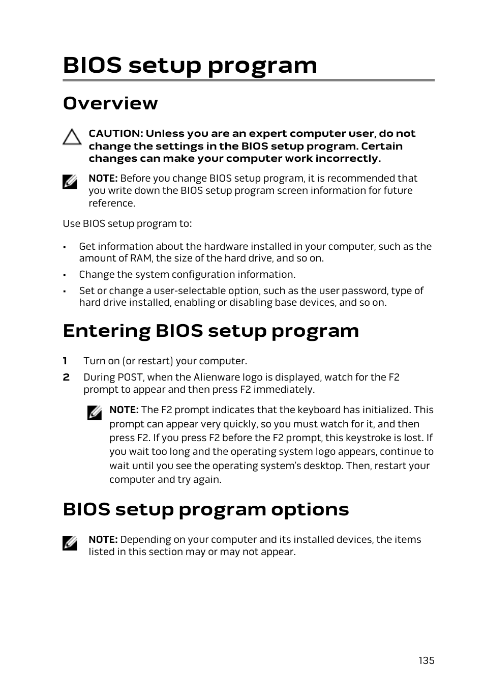 Bios setup program, Overview, Entering bios setup program | Bios setup program options | Dell Alienware 17 R2 (Early 2015) User Manual | Page 135 / 144