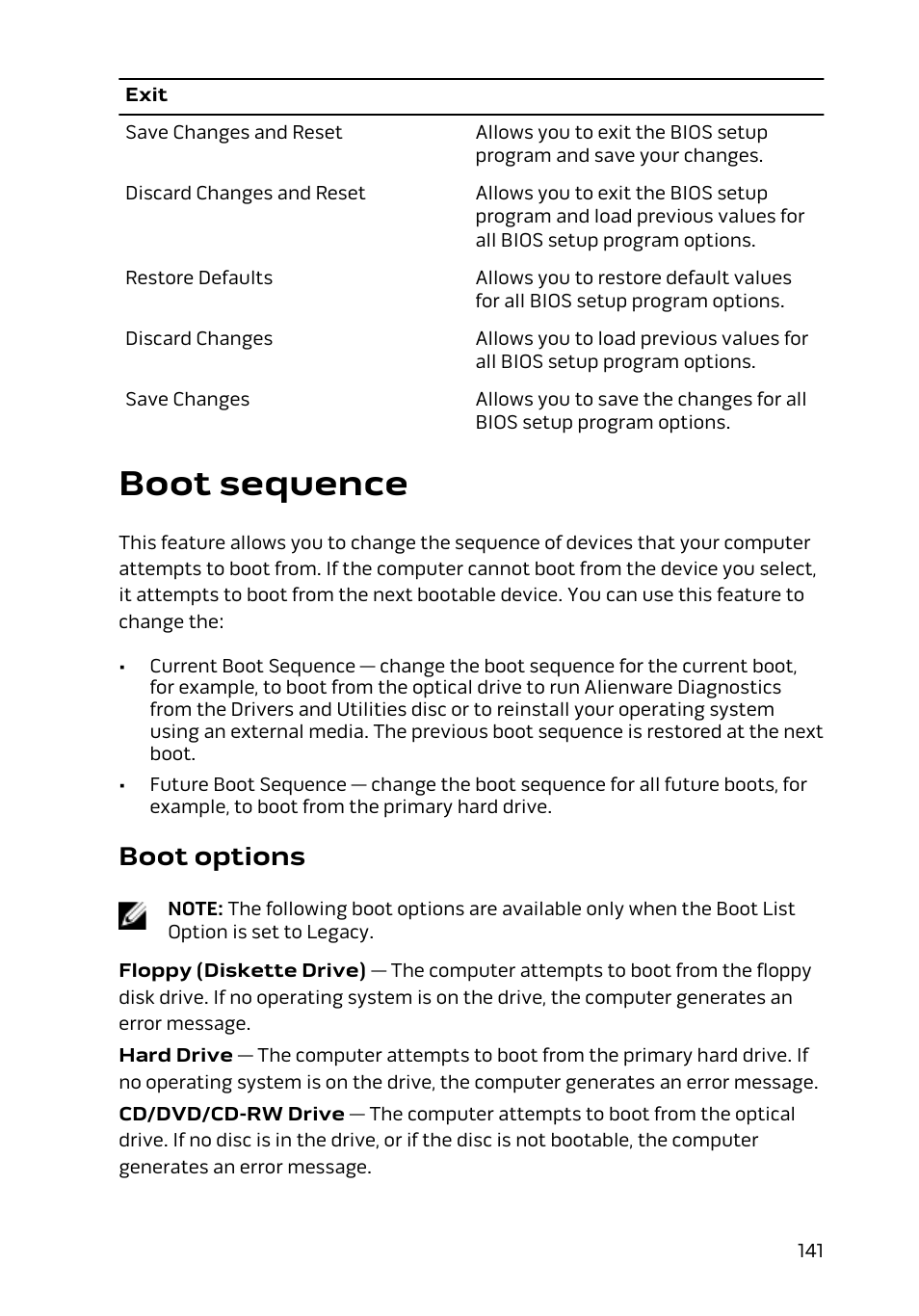 Boot sequence, Boot options | Dell Alienware 17 R2 (Early 2015) User Manual | Page 141 / 144