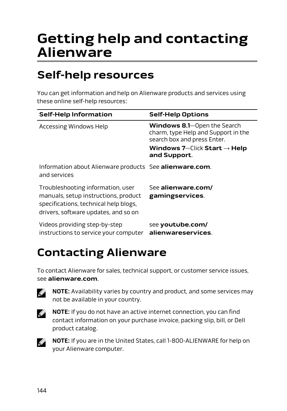 Getting help and contacting alienware, Self-help resources, Contacting alienware | Dell Alienware 17 R2 (Early 2015) User Manual | Page 144 / 144