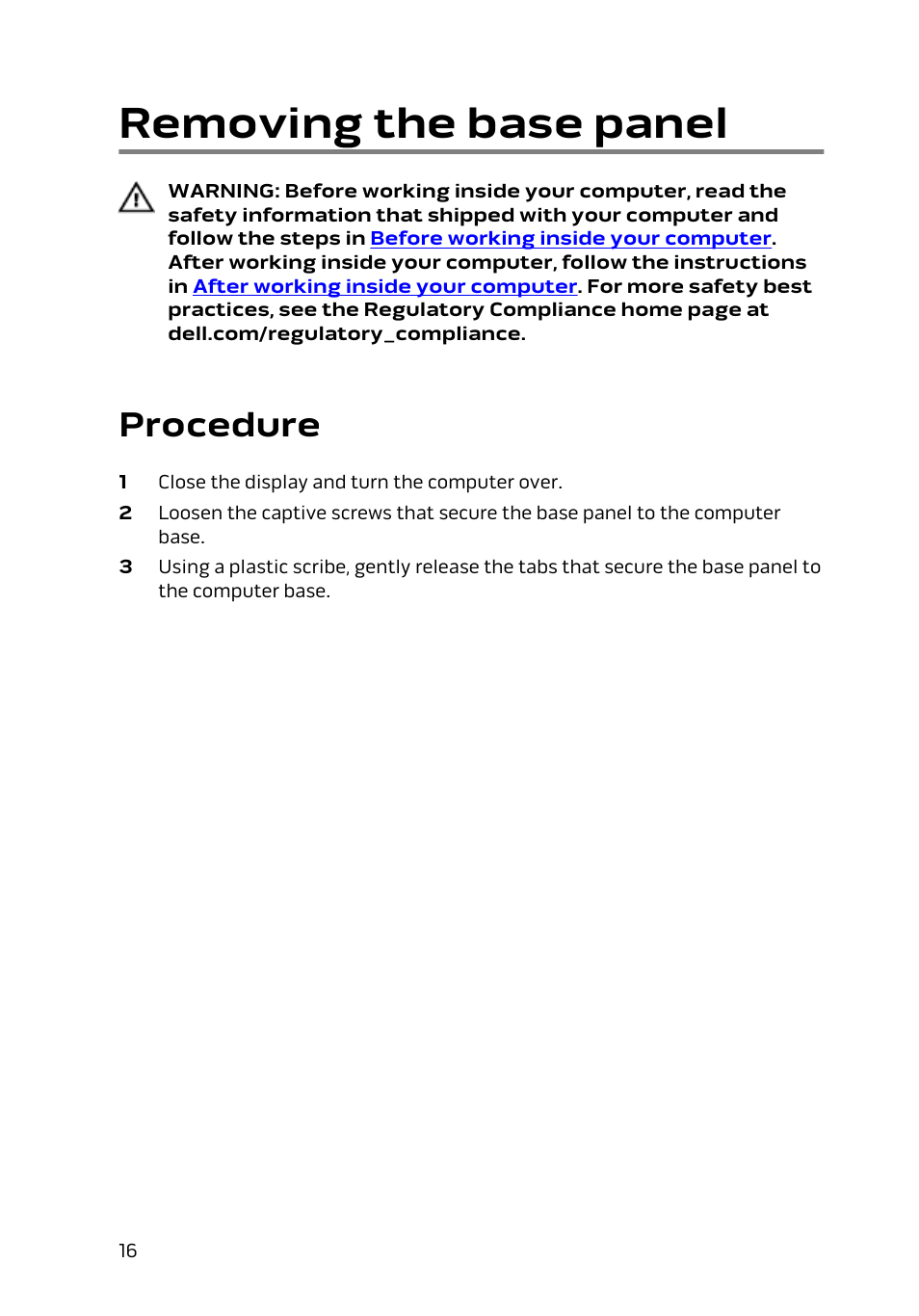 Removing the base panel, Procedure | Dell Alienware 17 R2 (Early 2015) User Manual | Page 16 / 144
