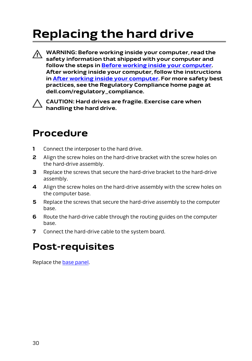 Replacing the hard drive, Procedure, Post-requisites | Dell Alienware 17 R2 (Early 2015) User Manual | Page 30 / 144