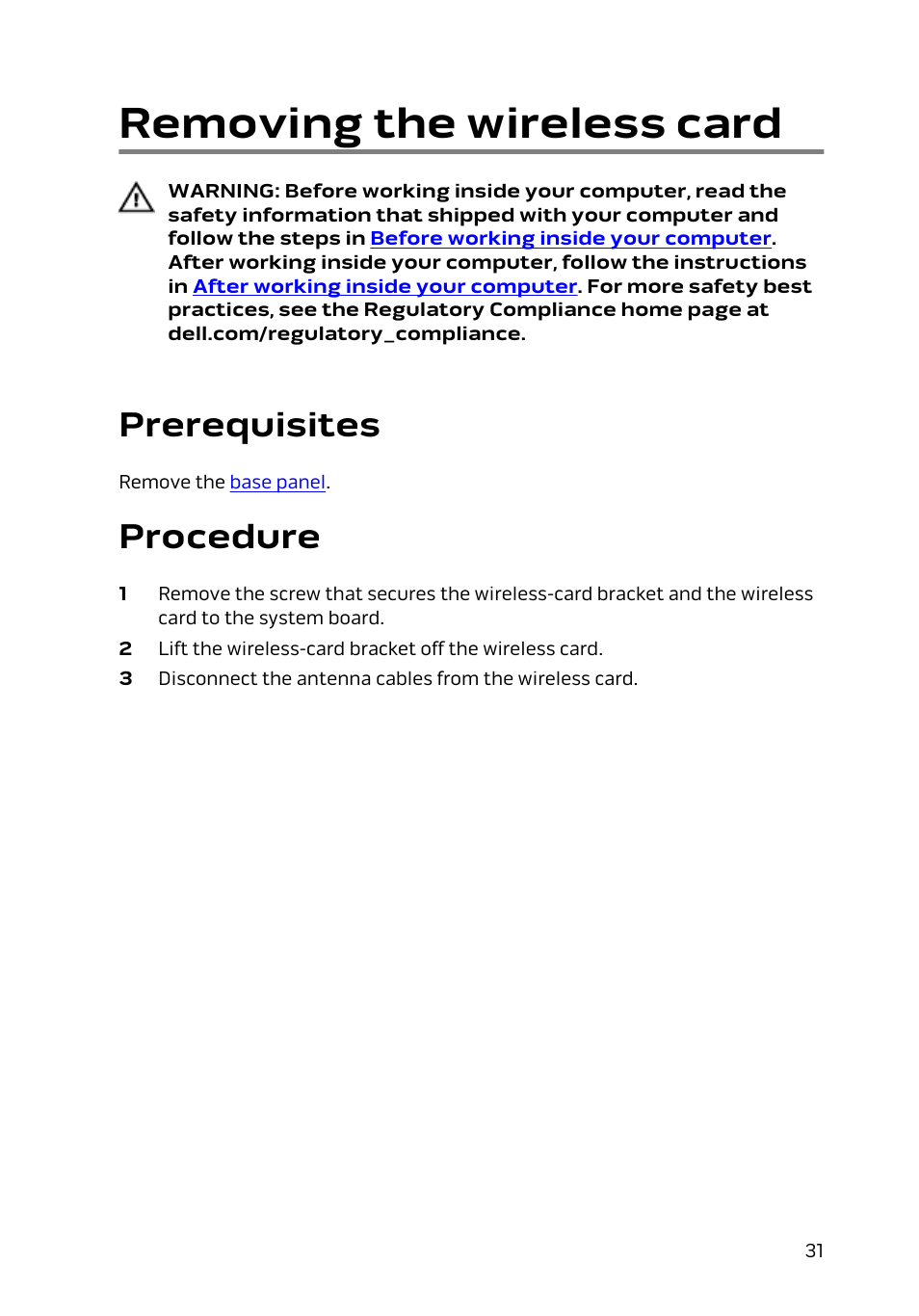 Removing the wireless card, Prerequisites, Procedure | Dell Alienware 17 R2 (Early 2015) User Manual | Page 31 / 144