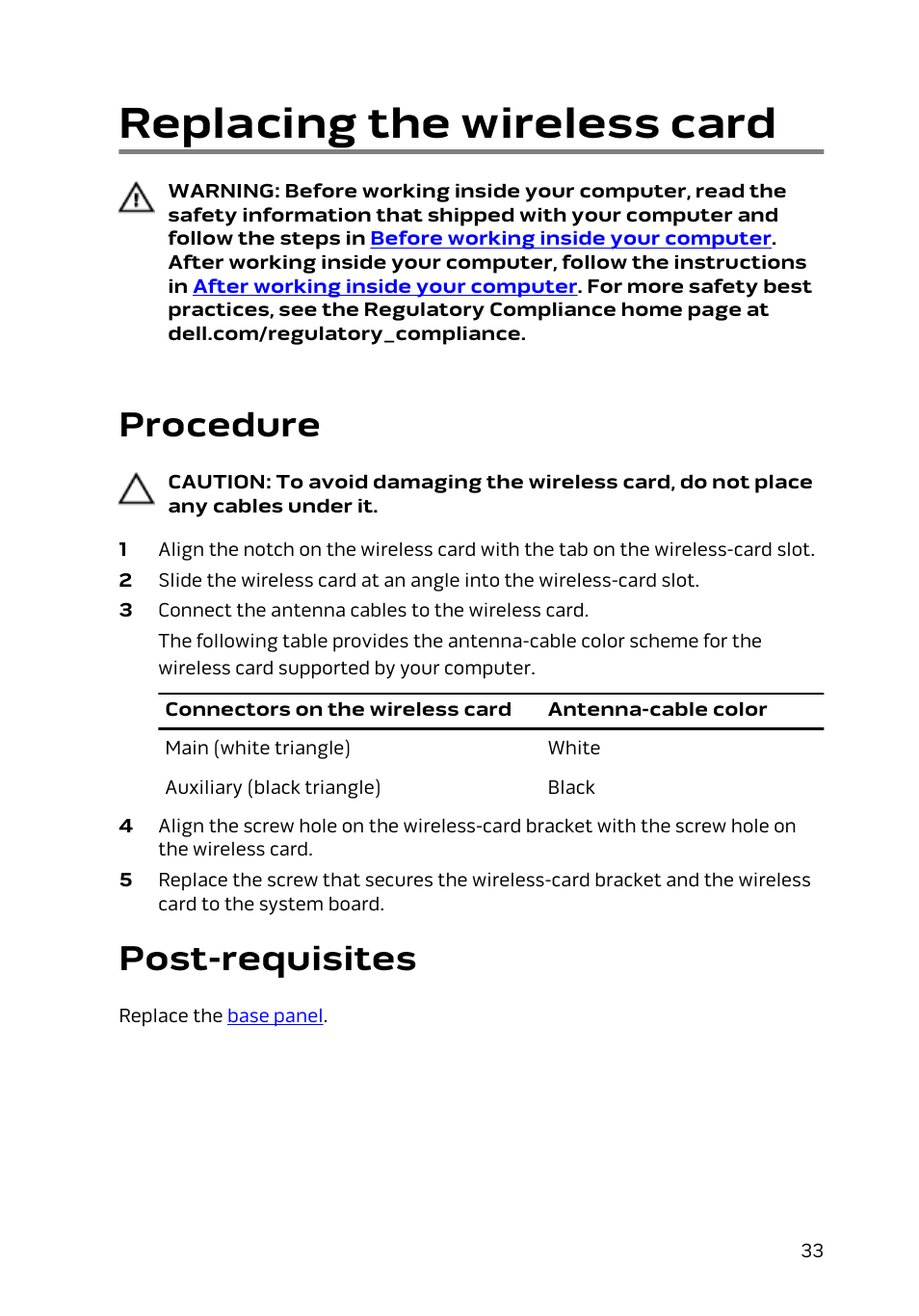 Replacing the wireless card, Procedure, Post-requisites | Dell Alienware 17 R2 (Early 2015) User Manual | Page 33 / 144