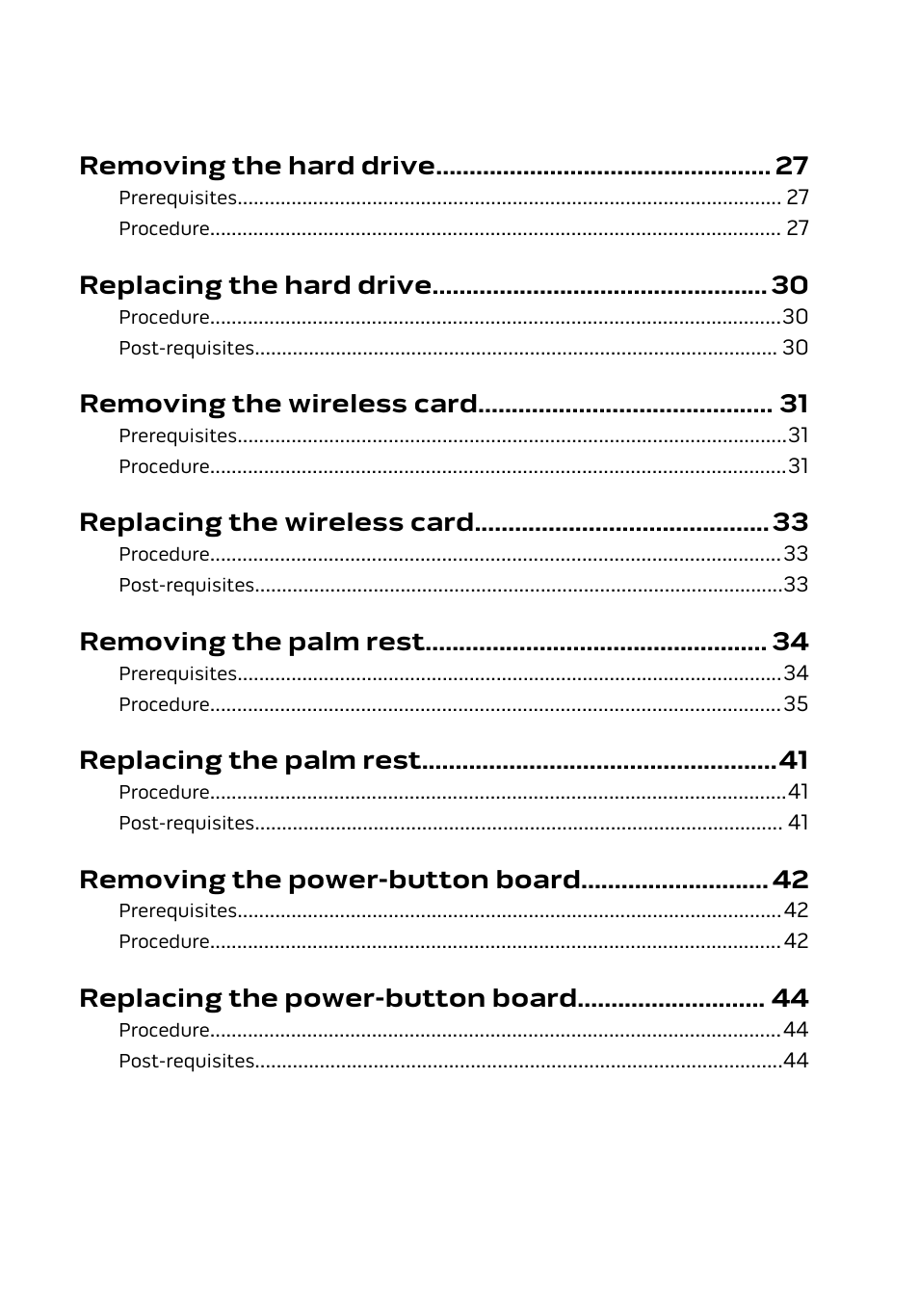 Removing the hard drive, Replacing the hard drive, Removing the wireless card | Replacing the wireless card, Removing the palm rest, Replacing the palm rest, Removing the power-button board, Replacing the power-button board | Dell Alienware 17 R2 (Early 2015) User Manual | Page 4 / 144