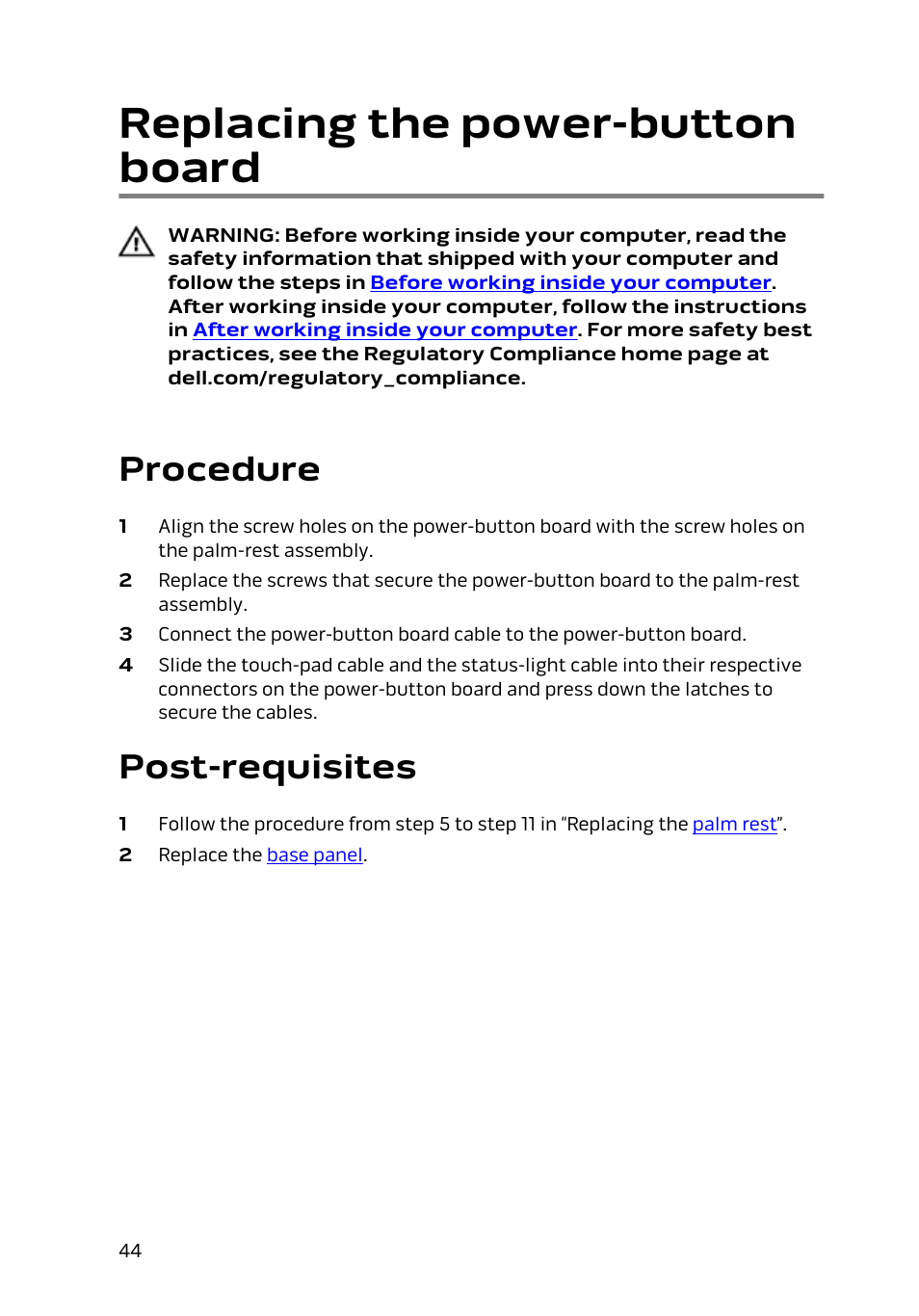 Replacing the power-button board, Procedure, Post-requisites | Power-button board | Dell Alienware 17 R2 (Early 2015) User Manual | Page 44 / 144