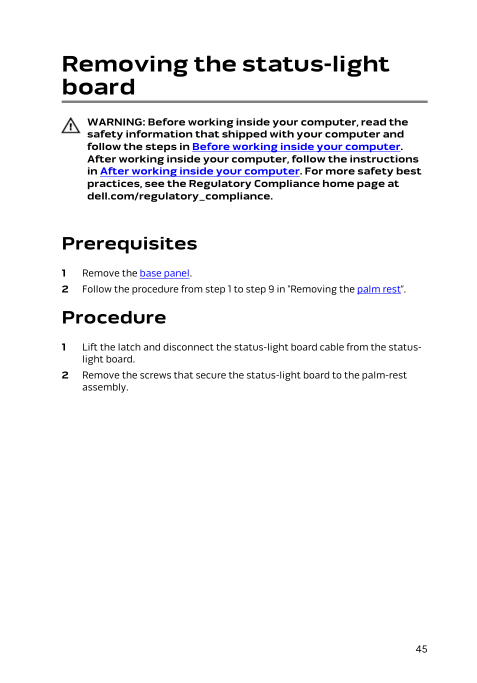 Removing the status-light board, Prerequisites, Procedure | Remove the, Status-light board | Dell Alienware 17 R2 (Early 2015) User Manual | Page 45 / 144