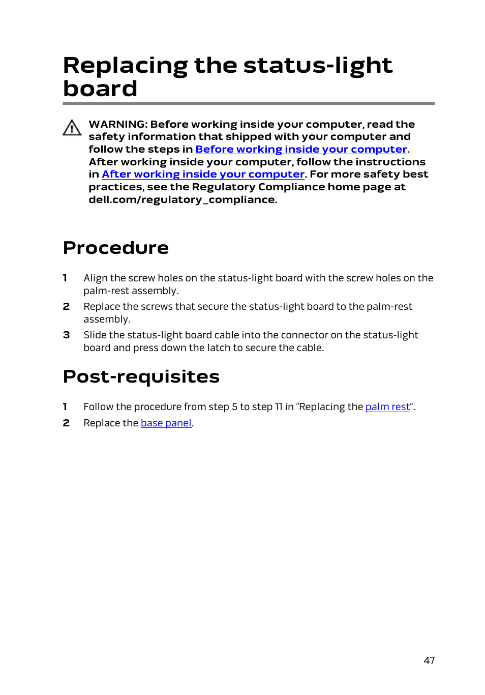 Replacing the status-light board, Procedure, Post-requisites | Status-light board | Dell Alienware 17 R2 (Early 2015) User Manual | Page 47 / 144