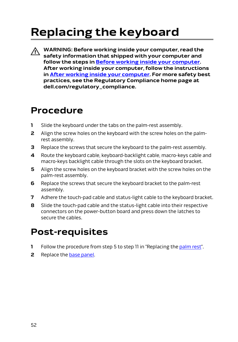 Replacing the keyboard, Procedure, Post-requisites | Keyboard | Dell Alienware 17 R2 (Early 2015) User Manual | Page 52 / 144