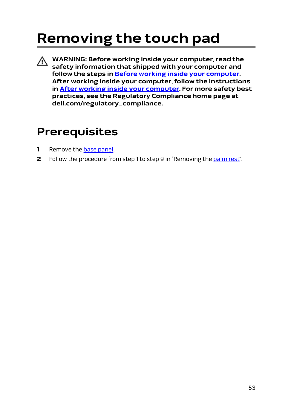 Removing the touch pad, Prerequisites | Dell Alienware 17 R2 (Early 2015) User Manual | Page 53 / 144