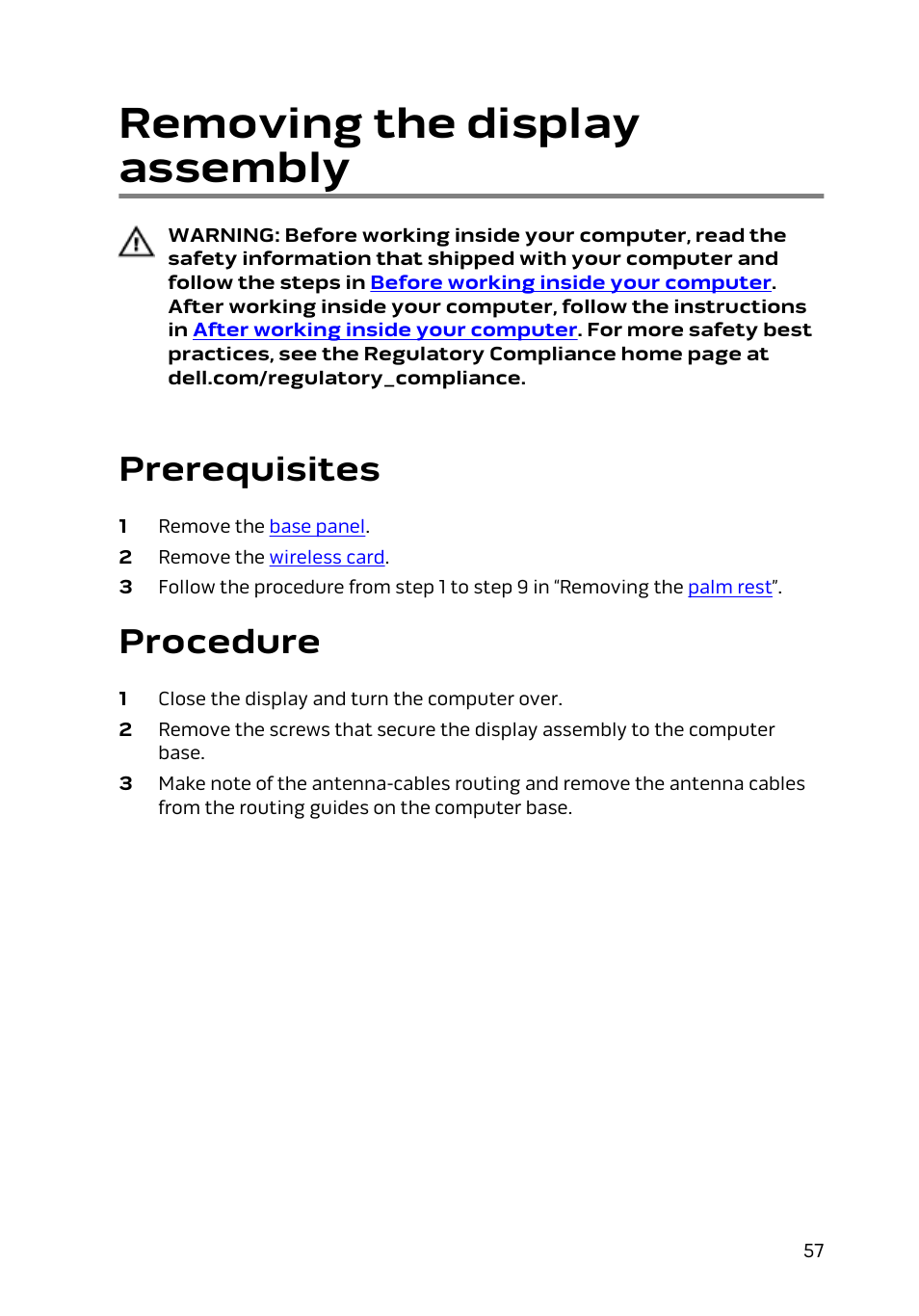 Removing the display assembly, Prerequisites, Procedure | Dell Alienware 17 R2 (Early 2015) User Manual | Page 57 / 144
