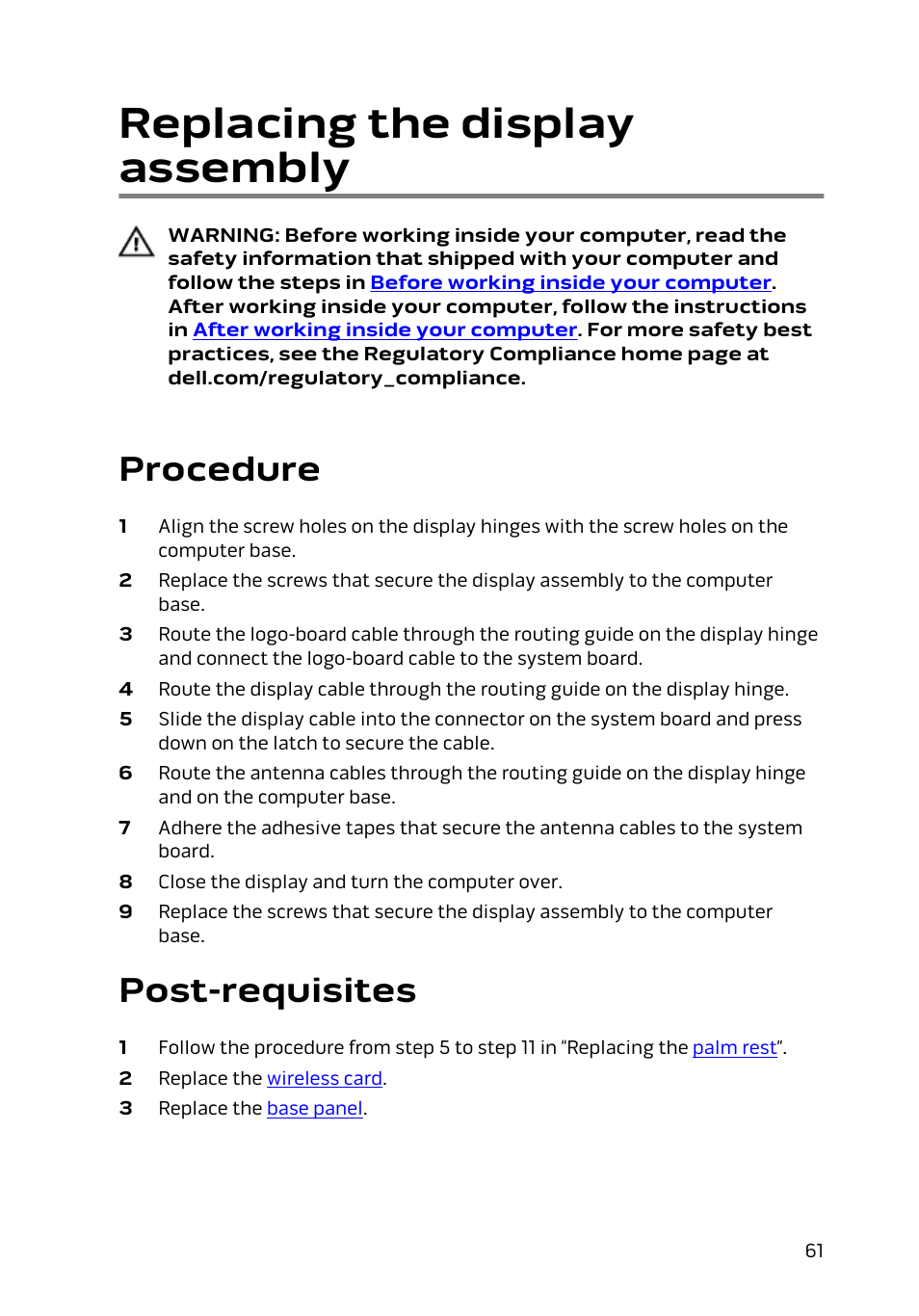 Replacing the display assembly, Procedure, Post-requisites | Dell Alienware 17 R2 (Early 2015) User Manual | Page 61 / 144