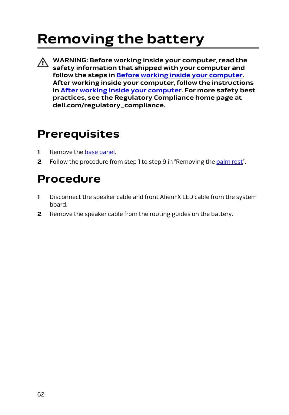 Removing the battery, Prerequisites, Procedure | Dell Alienware 17 R2 (Early 2015) User Manual | Page 62 / 144