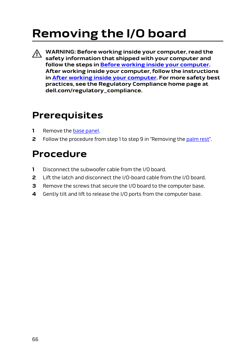 Removing the i/o board, Prerequisites, Procedure | Dell Alienware 17 R2 (Early 2015) User Manual | Page 66 / 144