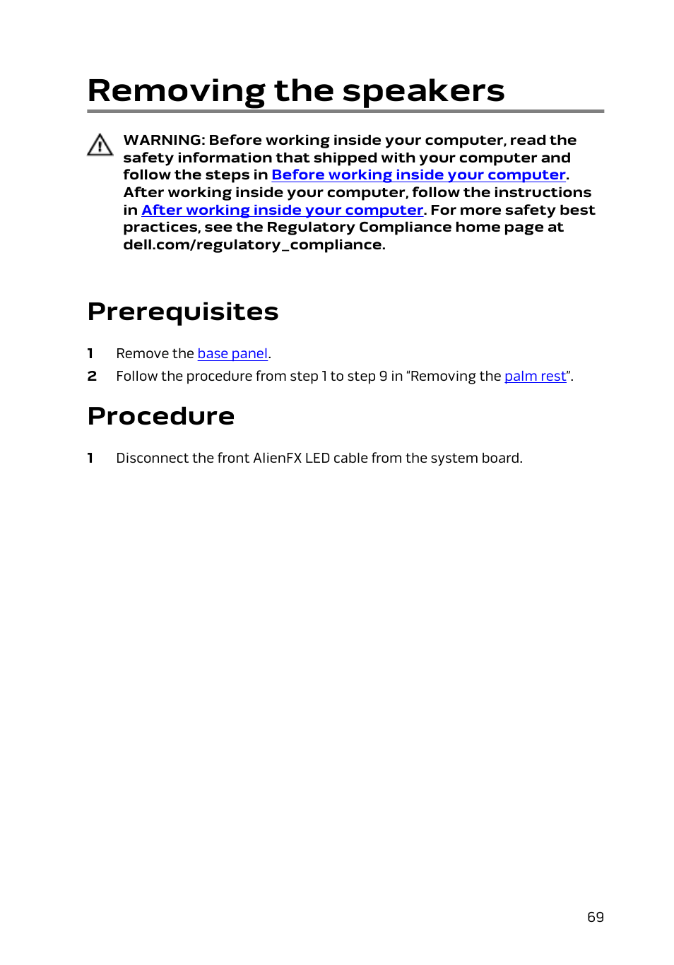 Removing the speakers, Prerequisites, Procedure | Dell Alienware 17 R2 (Early 2015) User Manual | Page 69 / 144