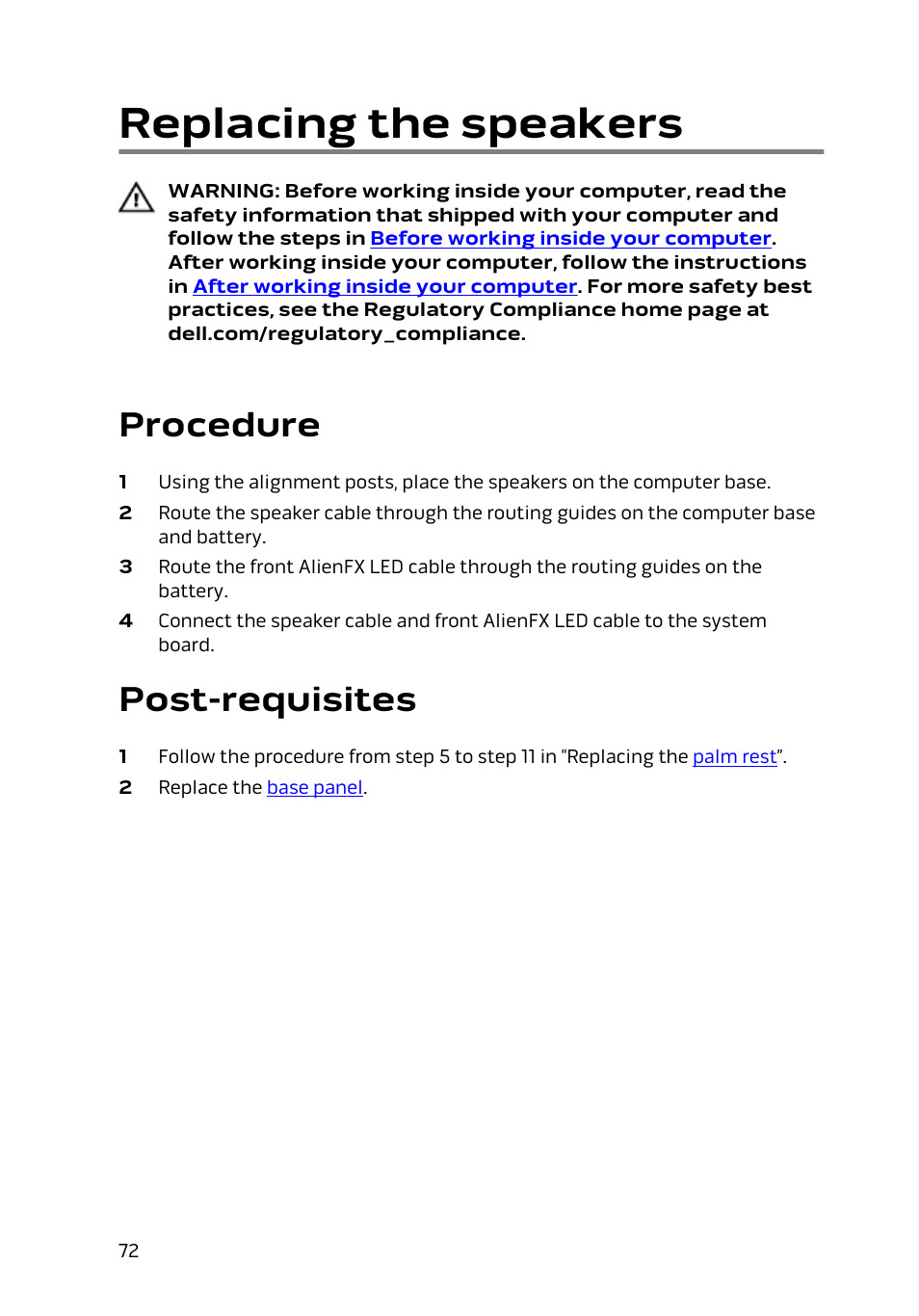 Replacing the speakers, Procedure, Post-requisites | Dell Alienware 17 R2 (Early 2015) User Manual | Page 72 / 144