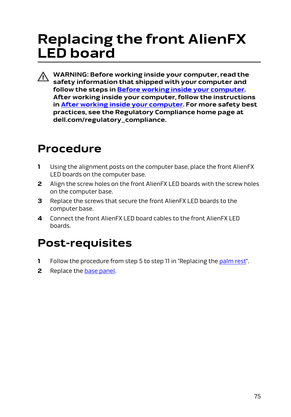 Replacing the front alienfx led board, Procedure, Post-requisites | Dell Alienware 17 R2 (Early 2015) User Manual | Page 75 / 144