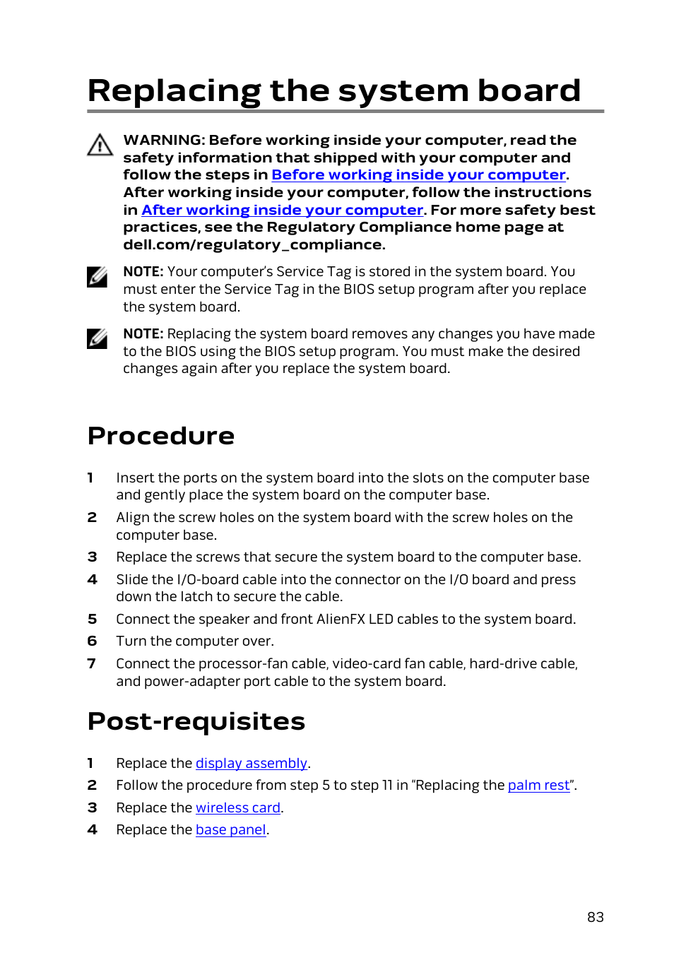 Replacing the system board, Procedure, Post-requisites | Dell Alienware 17 R2 (Early 2015) User Manual | Page 83 / 144