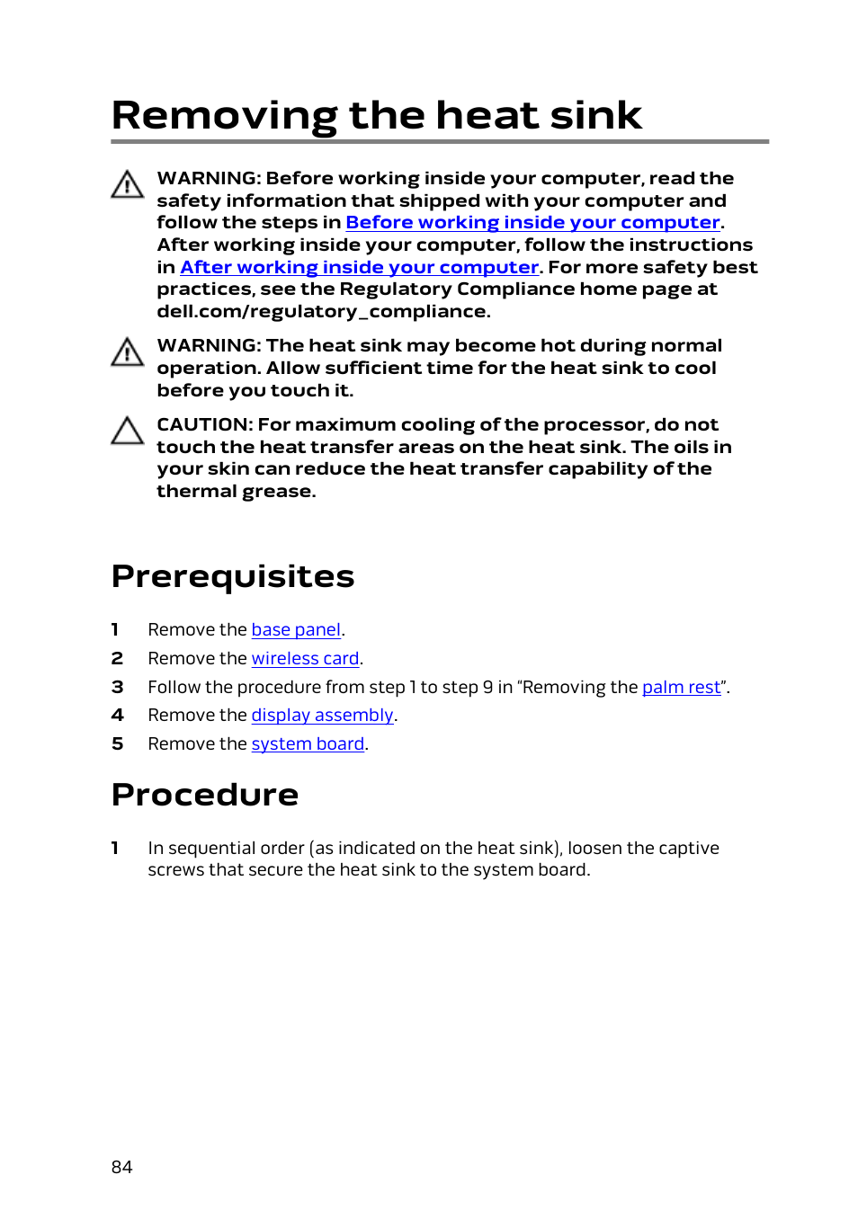 Removing the heat sink, Prerequisites, Procedure | Dell Alienware 17 R2 (Early 2015) User Manual | Page 84 / 144