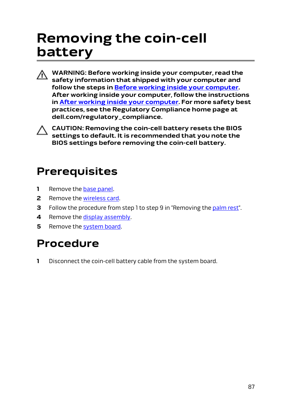 Removing the coin-cell battery, Prerequisites, Procedure | Dell Alienware 17 R2 (Early 2015) User Manual | Page 87 / 144
