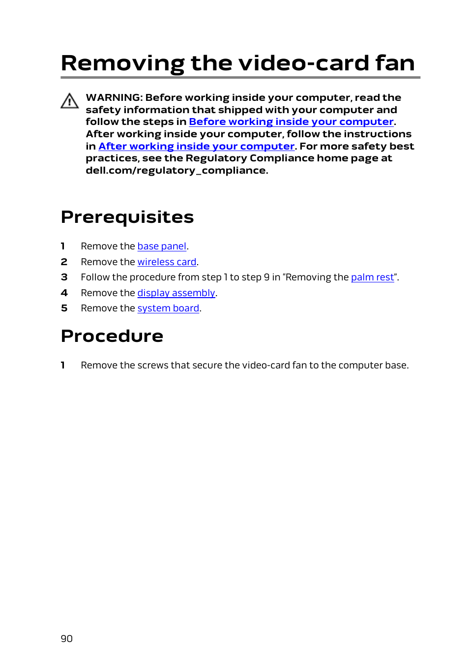 Removing the video-card fan, Prerequisites, Procedure | Dell Alienware 17 R2 (Early 2015) User Manual | Page 90 / 144