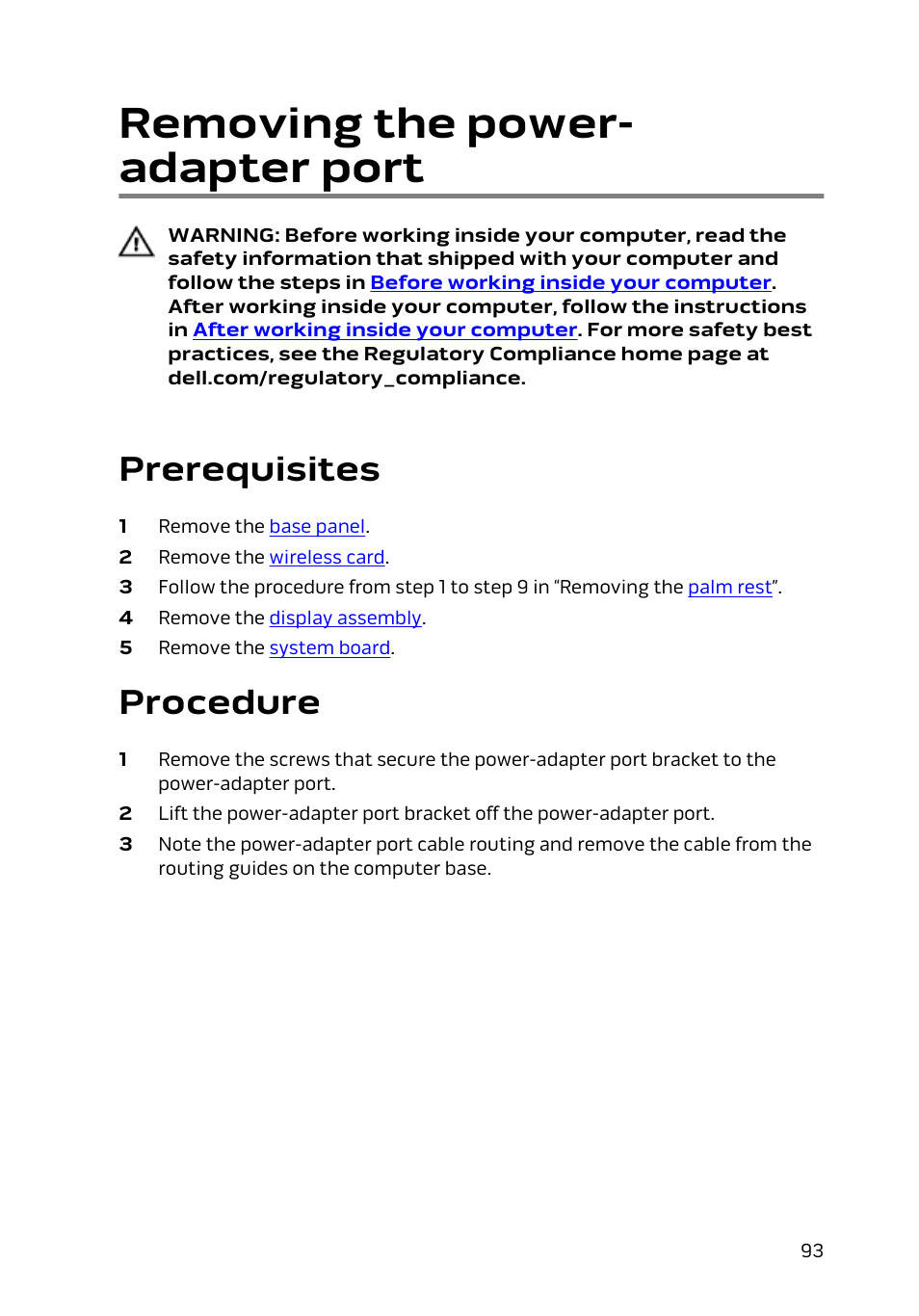 Removing the power-adapter port, Prerequisites, Procedure | Removing the power- adapter port | Dell Alienware 17 R2 (Early 2015) User Manual | Page 93 / 144