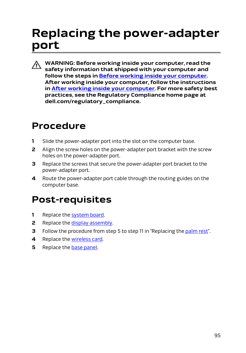 Replacing the power-adapter port, Procedure, Post-requisites | Dell Alienware 17 R2 (Early 2015) User Manual | Page 95 / 144