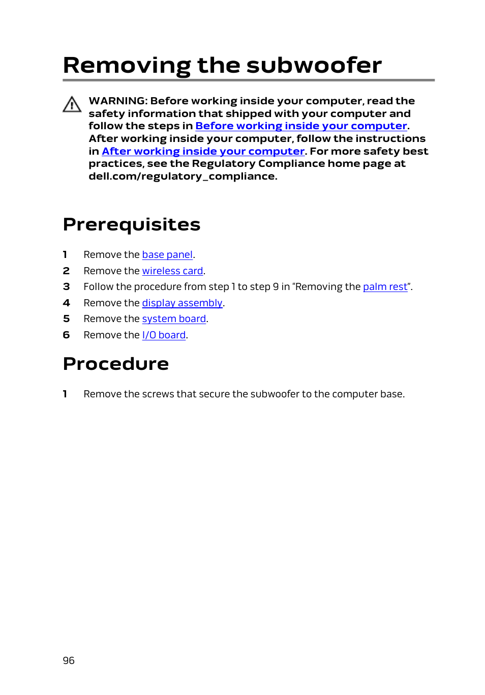 Removing the subwoofer, Prerequisites, Procedure | Dell Alienware 17 R2 (Early 2015) User Manual | Page 96 / 144