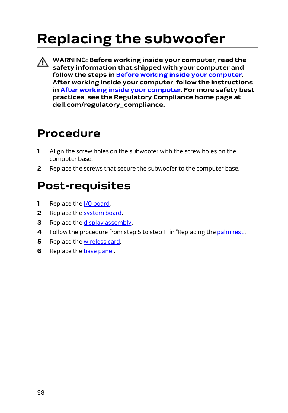 Replacing the subwoofer, Procedure, Post-requisites | Dell Alienware 17 R2 (Early 2015) User Manual | Page 98 / 144