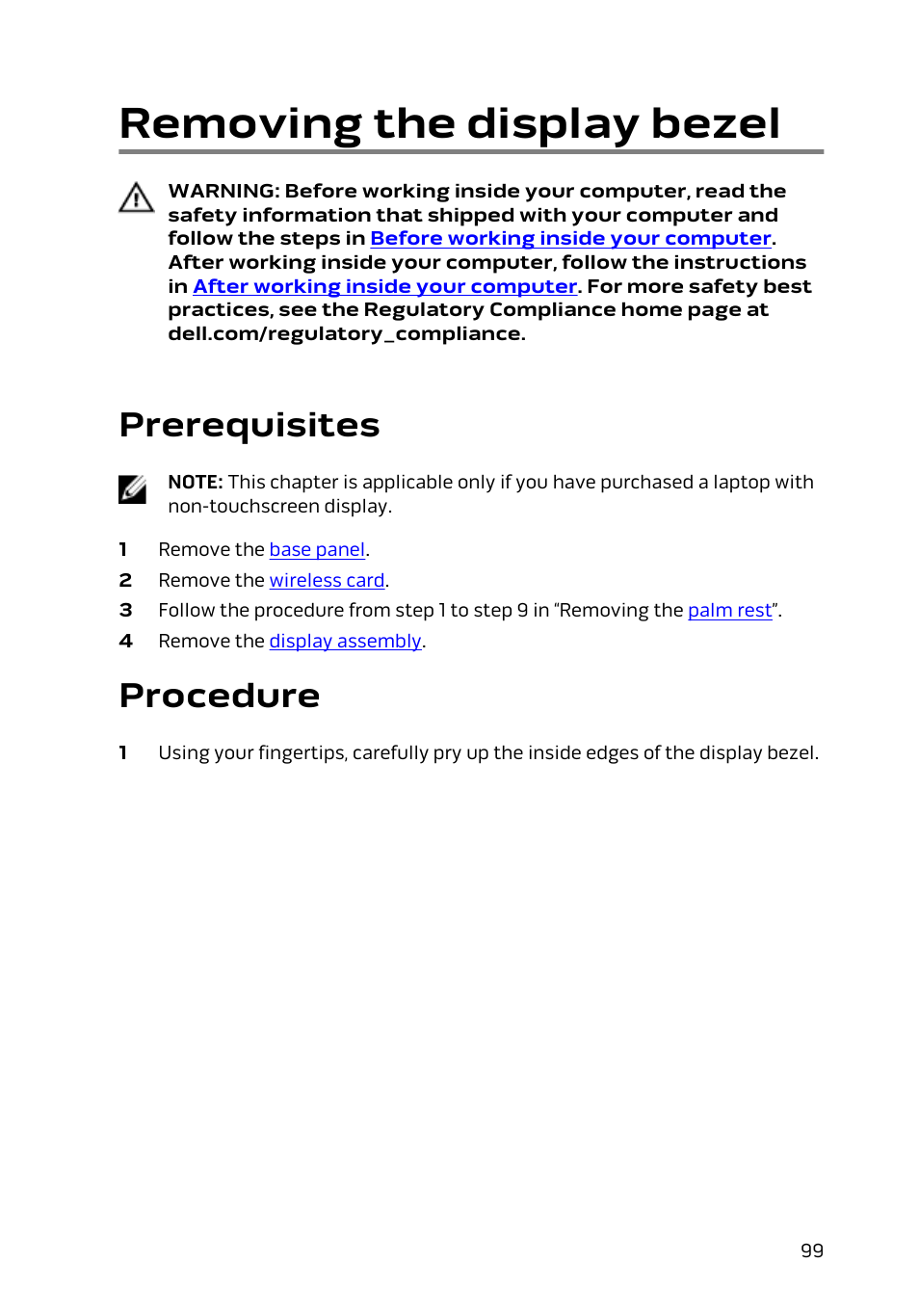 Removing the display bezel, Prerequisites, Procedure | Dell Alienware 17 R2 (Early 2015) User Manual | Page 99 / 144