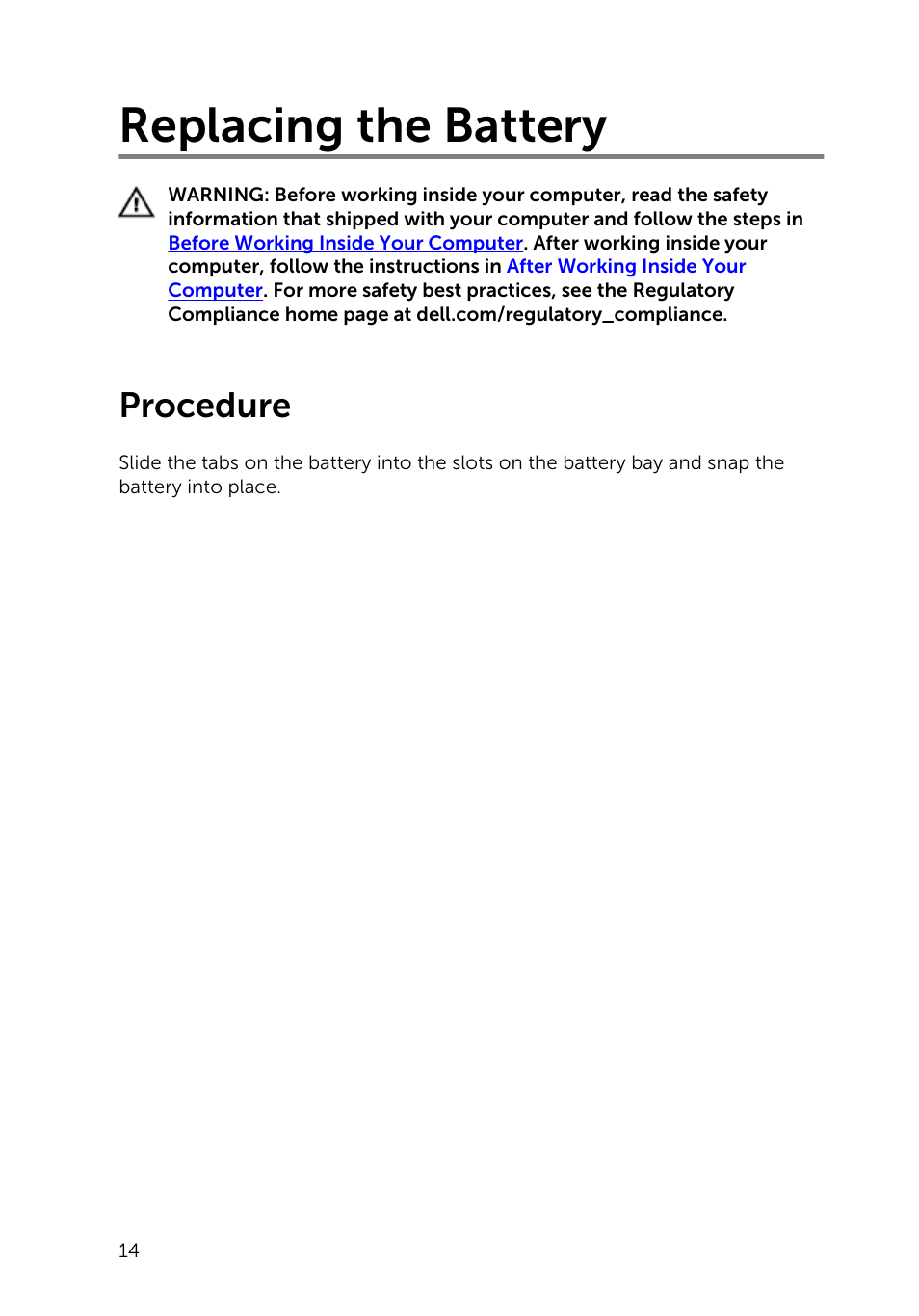 Replacing the battery, Procedure | Dell Inspiron 14 (3443, Early 2015) User Manual | Page 14 / 88