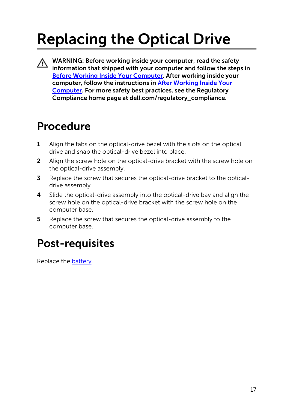 Replacing the optical drive, Procedure, Post-requisites | Dell Inspiron 14 (3443, Early 2015) User Manual | Page 17 / 88