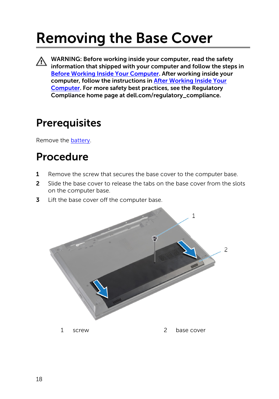 Removing the base cover, Prerequisites, Procedure | Dell Inspiron 14 (3443, Early 2015) User Manual | Page 18 / 88