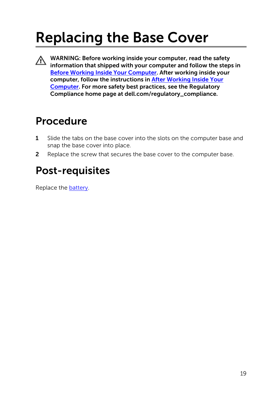 Replacing the base cover, Procedure, Post-requisites | Dell Inspiron 14 (3443, Early 2015) User Manual | Page 19 / 88