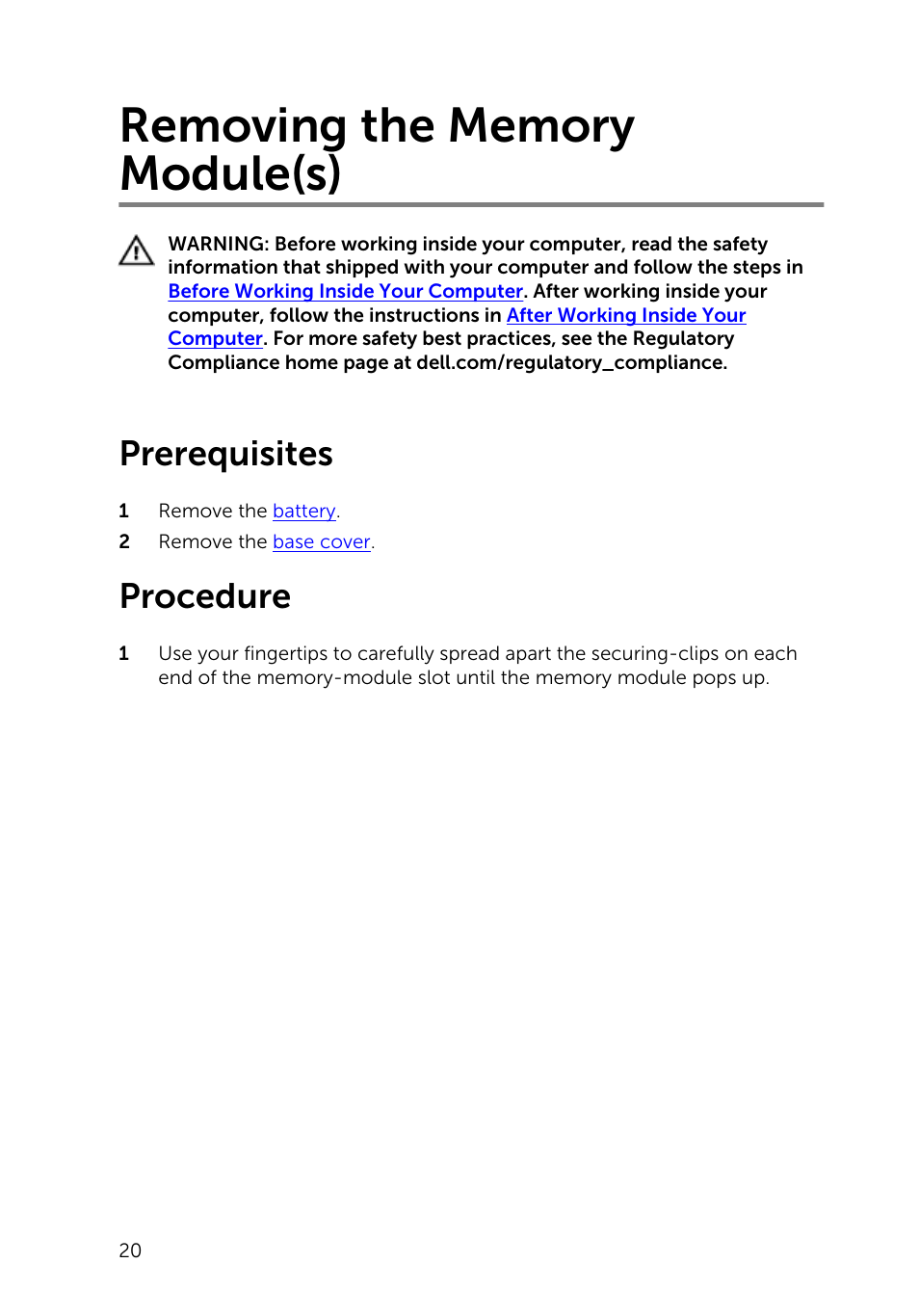Removing the memory module(s), Prerequisites, Procedure | Dell Inspiron 14 (3443, Early 2015) User Manual | Page 20 / 88