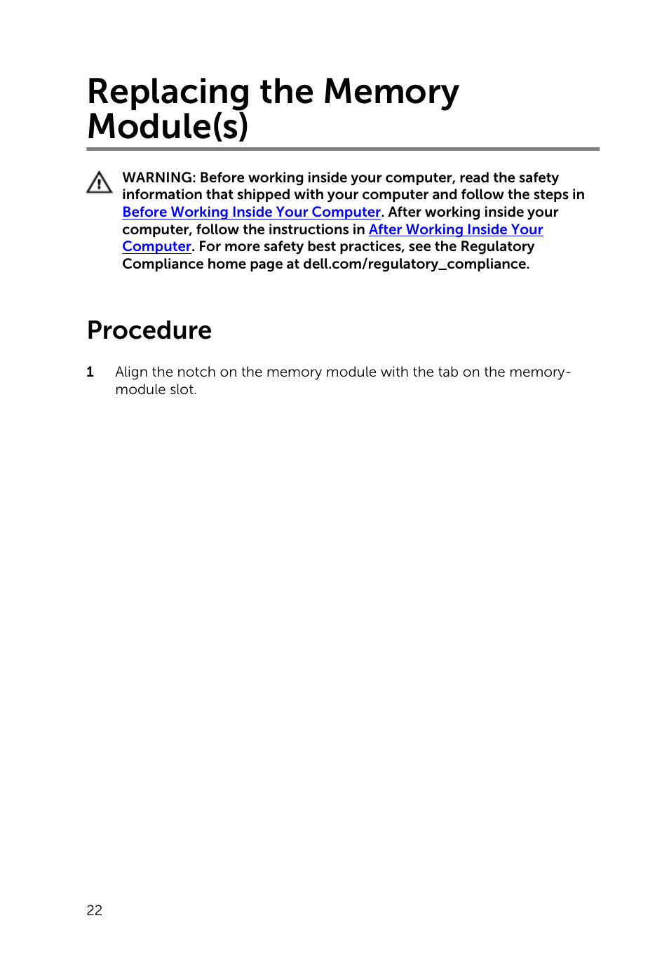 Replacing the memory module(s), Procedure | Dell Inspiron 14 (3443, Early 2015) User Manual | Page 22 / 88