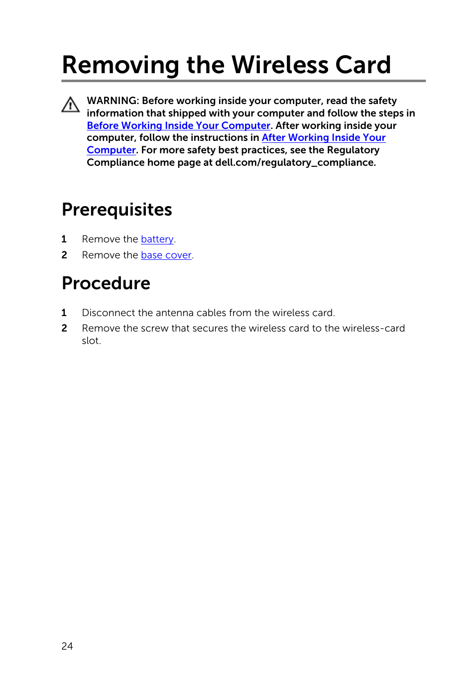 Removing the wireless card, Prerequisites, Procedure | Dell Inspiron 14 (3443, Early 2015) User Manual | Page 24 / 88