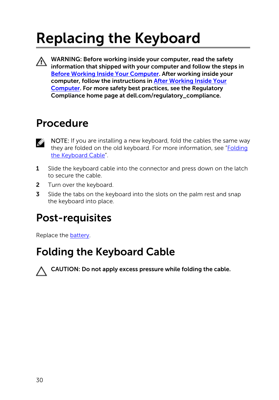 Replacing the keyboard, Procedure, Post-requisites | Folding the keyboard cable | Dell Inspiron 14 (3443, Early 2015) User Manual | Page 30 / 88