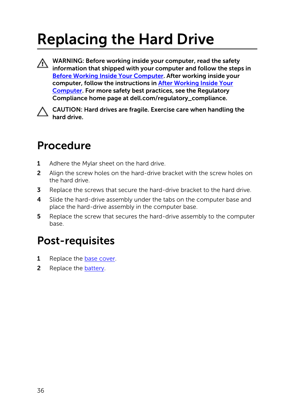 Replacing the hard drive, Procedure, Post-requisites | Dell Inspiron 14 (3443, Early 2015) User Manual | Page 36 / 88