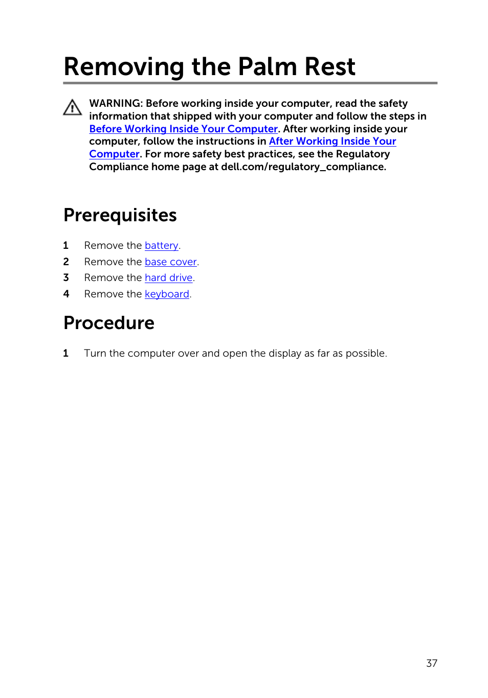 Removing the palm rest, Prerequisites, Procedure | Dell Inspiron 14 (3443, Early 2015) User Manual | Page 37 / 88