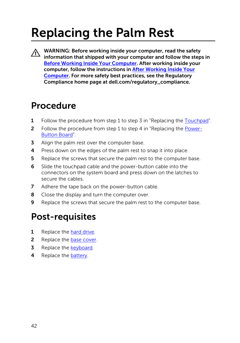 Replacing the palm rest, Procedure, Post-requisites | Dell Inspiron 14 (3443, Early 2015) User Manual | Page 42 / 88